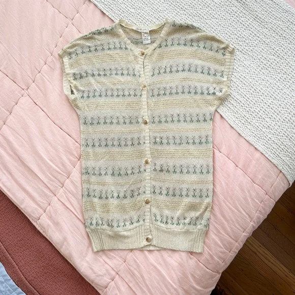 Adorable French Vintage Pointelle Floral Knit Cardigan Sweater Small Womens