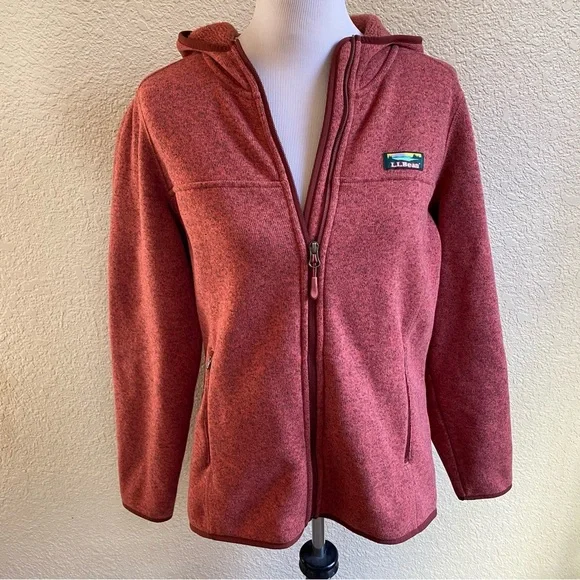 L.L.Bean Burnt Orange Hooded Jacket Full Zip Sweater Fleece Technical Knit: L