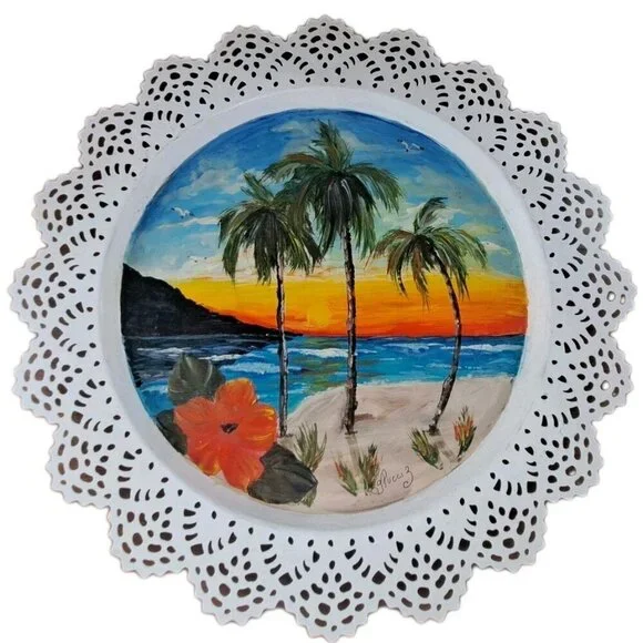 Hand Painted Filigree Edged Tray Multicolor Signed