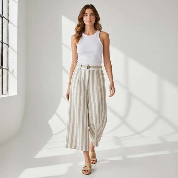 H&M Wide Leg Pants Size 12 Linen Blend NWOT Beige Stripe High Rise