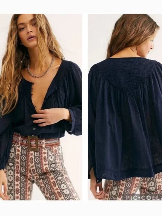 FREE PEOPLE WE THE FREE Cool Meadow Top Blue M Cotton Boho Buttons Flowy Blouse