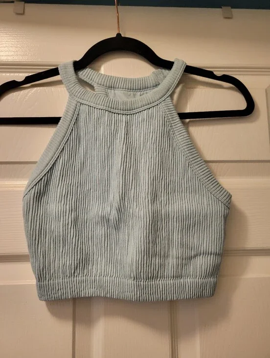 aerie Light Blue Ribbed Halter Crop Top M
