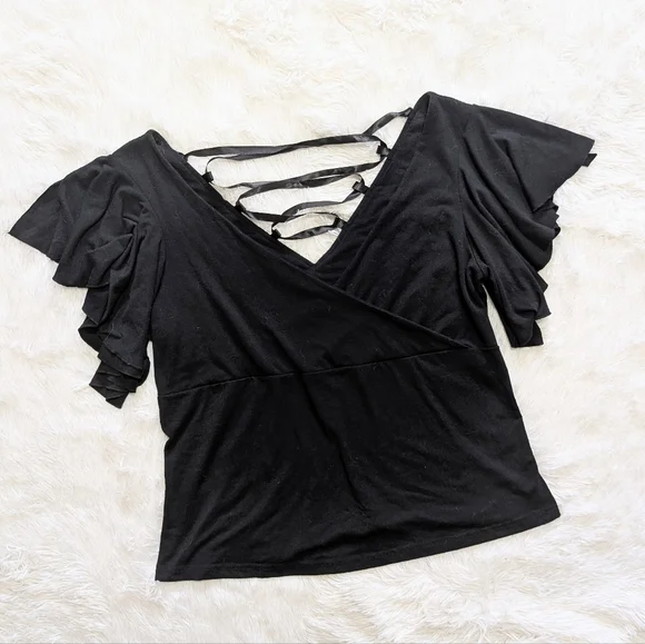 Y2K Vintage Lip Service Black Lace Up Back Split Flutter Sleeve Top 0X