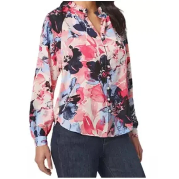Jones New York Petite Printed Ruffled Peasant Blouse, Size PM NWT‎