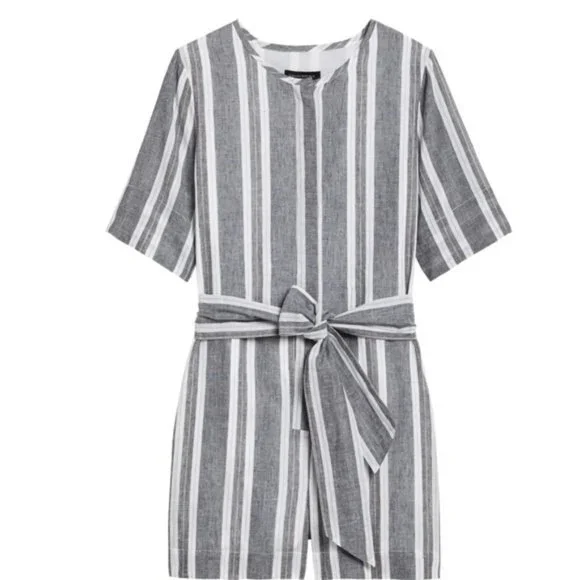 Striped Banana Republic Linen-Blend Button Down Tie-Waist Romper Shorts (NWT)