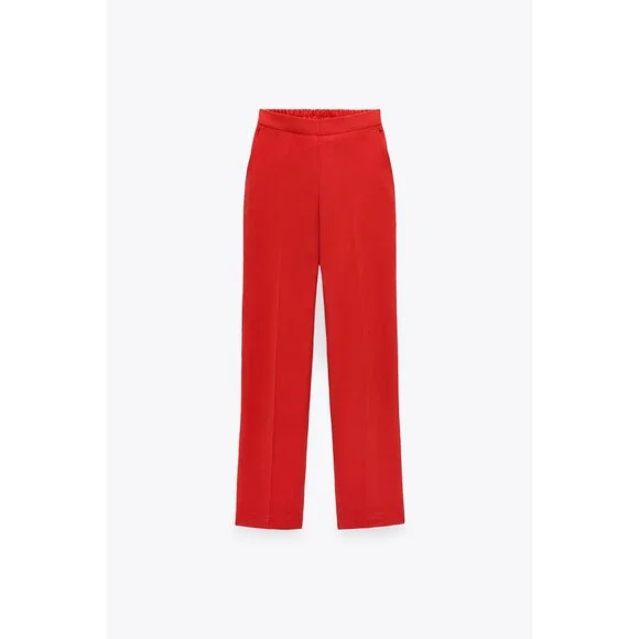 Red Zara Linen Blend Wide-Leg Pull-On Pants Trousers (NWT)