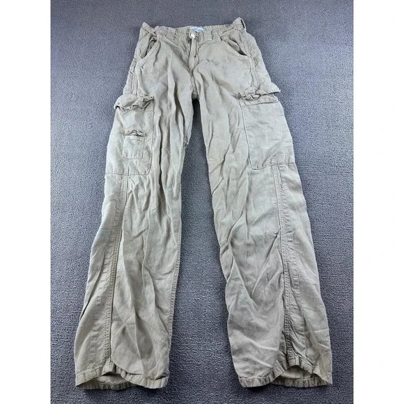 Y2K Zara Cargo Pants Women 2 Tan Relaxed Linen Wide-Leg Streetwear Utility 00s