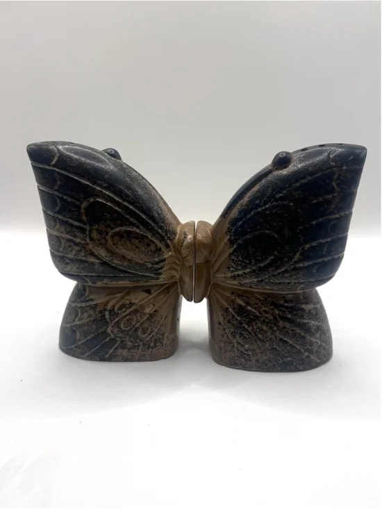 Vintage Butterfly Salt & Pepper Shakers Japan Black Brown Ceramic MCM Large Wing