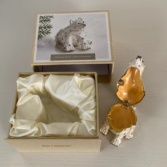 Pier 1 Ivory and Gold Polar Bear Trinket Box With Jewels