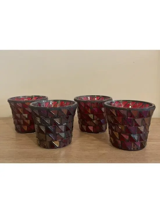 (Set of 4) VTG 2.75” H Pier 1 Red/Gray Mosaic Tea Light Votive Candle Holders