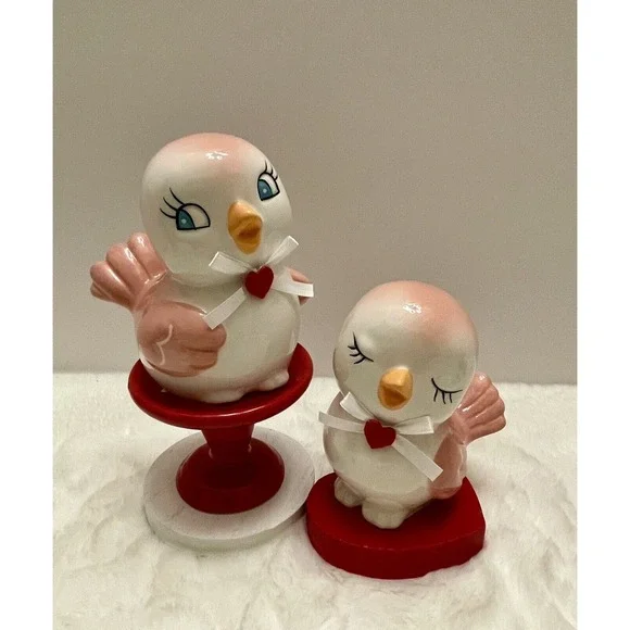 New Set of 2 Pink Retro Bird Ceramic Love Bird Valentines‎ Lovebirds Pastel