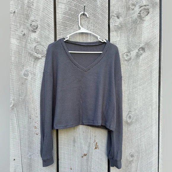 SHEIN EZ Wear drop shoulder long sleeve V neck grey ribbed top size L
