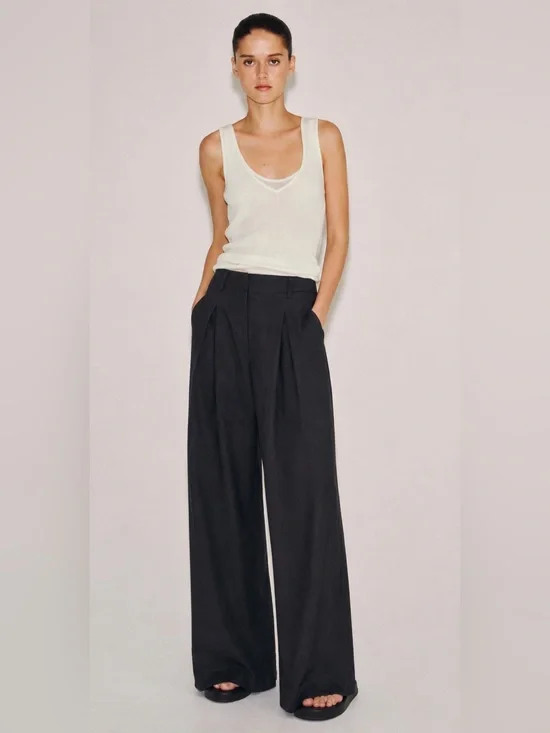 NWOT Reformation Asher Trousers 100% Linen Wide Leg w/Pockets Black Size 2