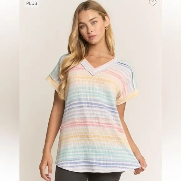 HEIMISH USA Pastel Rainbow Striped V-Neck Short Sleeve Top