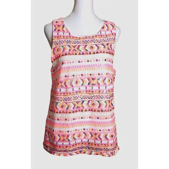 Miami Pink Sequins Aztec Design Sleeveless Top Size Medium