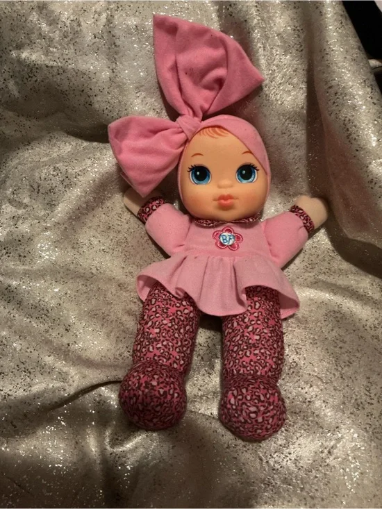 Plush Baby Doll in Pink Dress with Leopard-Print Leggings