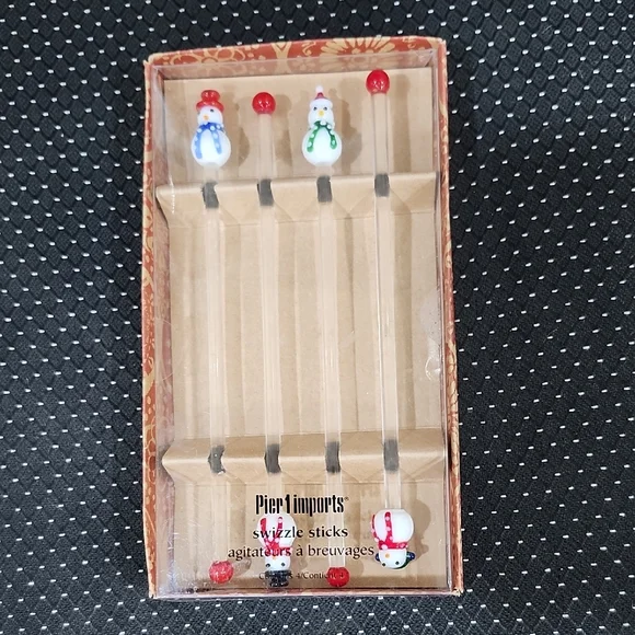 PIER 1 IMPORTS BLOWN GLASS SNOWMAN SWIZZLE STICKS SET
