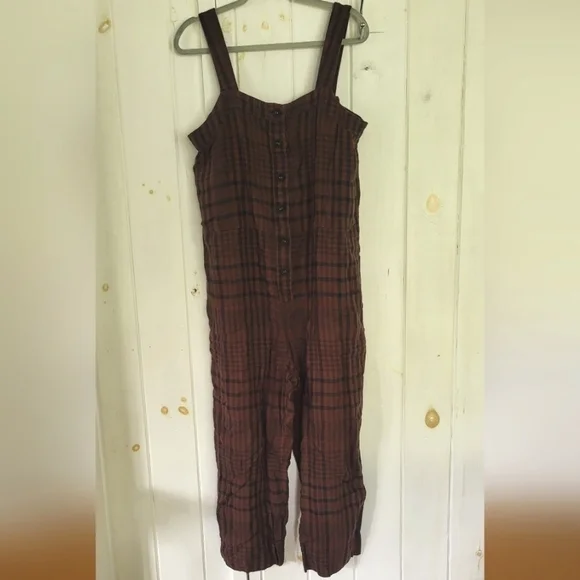 Everlane Linen Brown Black Plaid Button Down Jumpsuit