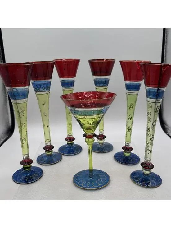 Lot 6 A Pier One 10.75” Hand Painted Glass Champagne Flutes & 1 Martini Glass