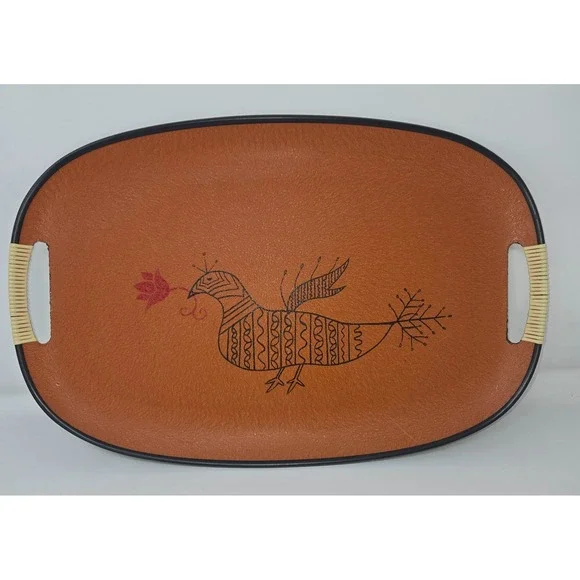 Tilso Serving Tray Fiberboard Orange Black Bird Rattan Wrapped Handles 18.5