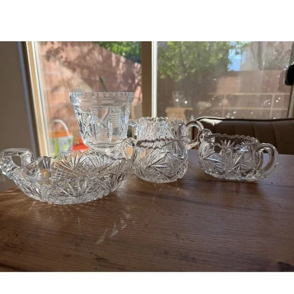 Vintage American Brilliant Style Cut Crystal Creamer Sugar Bowl & Spooner Set