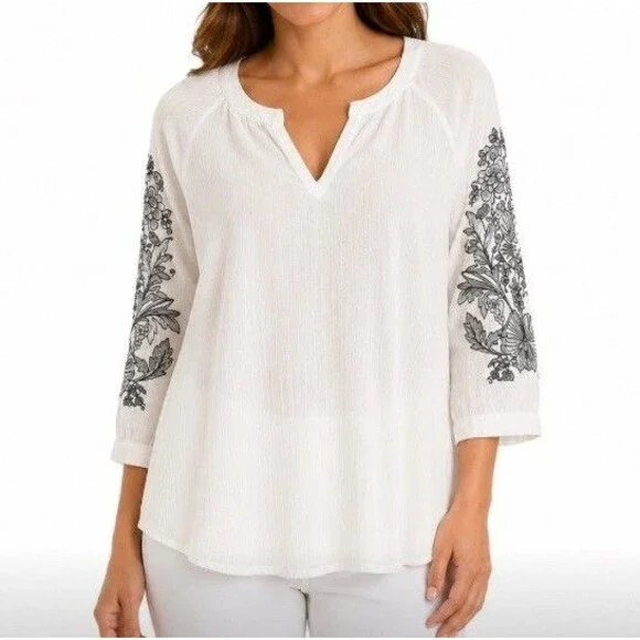 Pure Jill Embroidered 3/4 Sleeve Crinkle Blouse Size XL White/Navy Boho Beachy