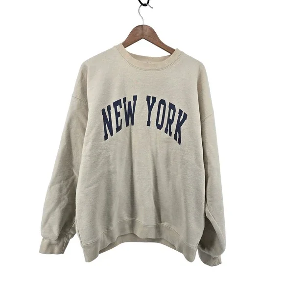 John Galt Sweatshirt Womens One Size Beige New York Graphic Oversized Crewneck