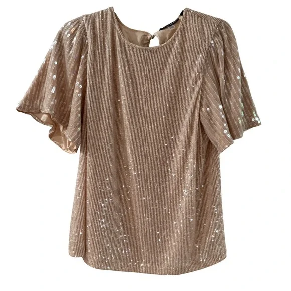 Cable & Gauge Sequin Glam Coquette Party Top‎ Champagne Sheer Romantic M