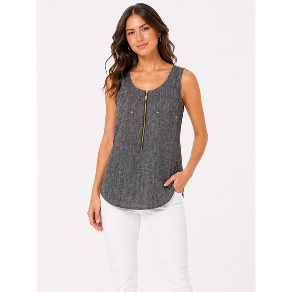Ellen Tracy Women Gray 100% Linen Sleeveless Half Zip Blouse Top Medium