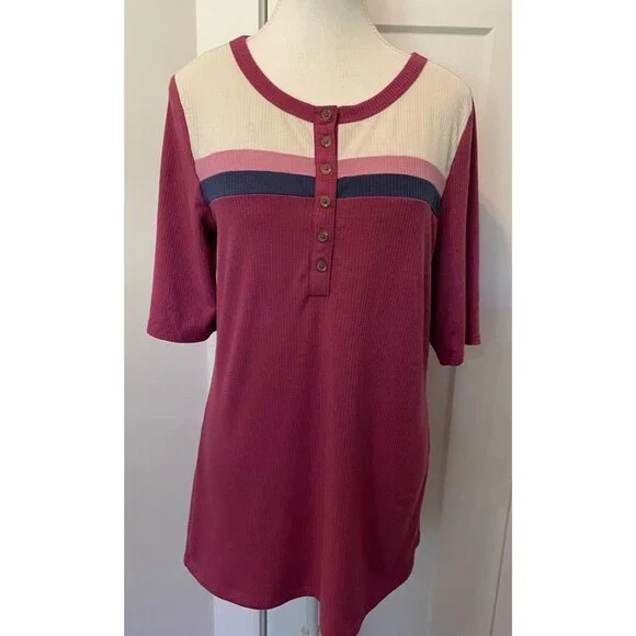 TORRID Womens Henley Knit TOP Short Sleeve PINK Ivory Blue Size 0 (12)