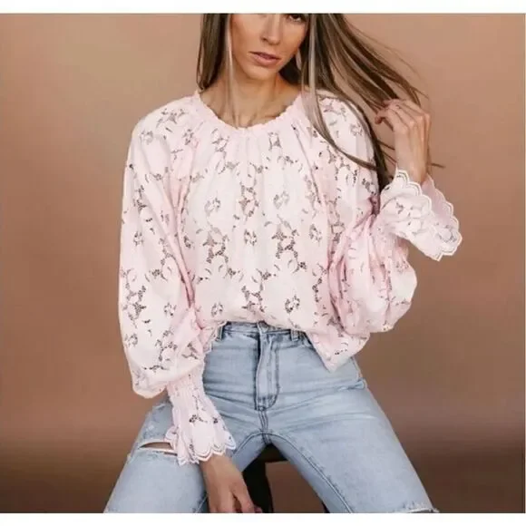 Free People Olivia Lace Top, Soft girl Pink, Dolman Sleeves bridgerton princess