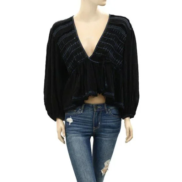 Free People Striped Blouse Top Oversized Wrap Solid Black Vintage XS