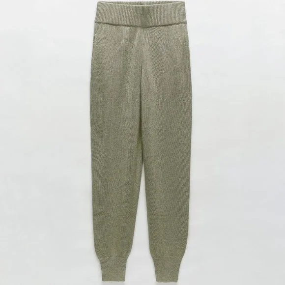 Green Zara Linen Blend Elastic Waist Knit Lounge Joggers Pants (NWT)