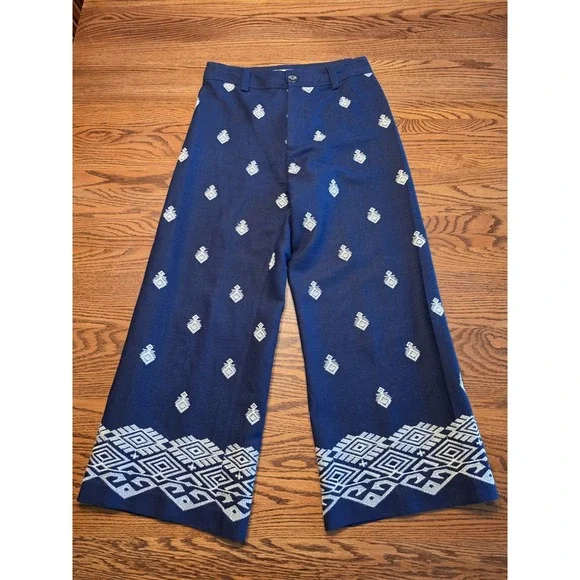 Zara Culotte Pants Womens Small Embroidered Cropped Linen Blend Boho Coastal