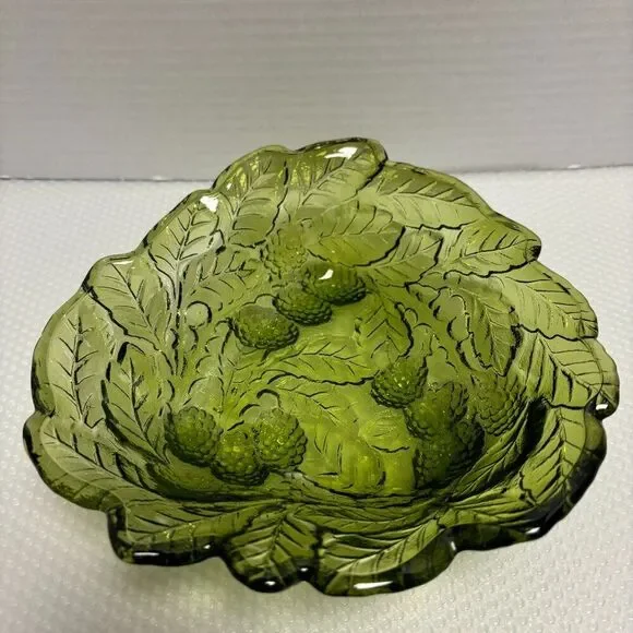 Indiana Glass Loganberry 606 Green Candy Bowl, Embossed Leaves and Berries
