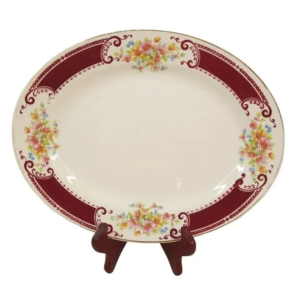 Vintage Homer Laughlin Majestic Oval Platter Floral Burgundy 11.5