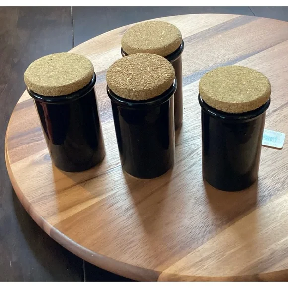 Pier 1 Italy set (4) ceramic spice jars with cork stoppers.