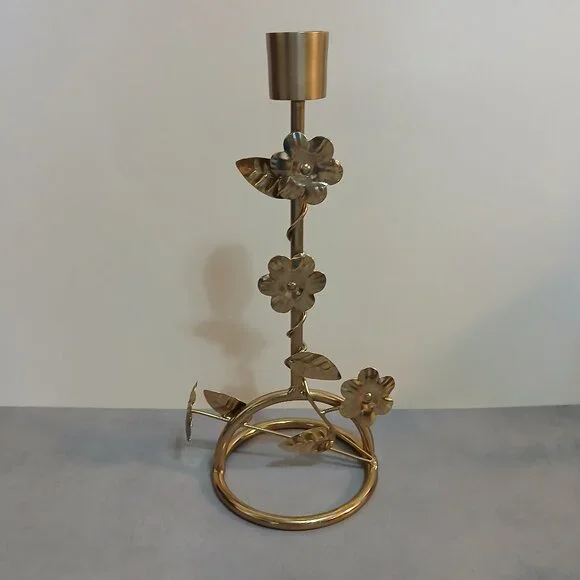 Pier 1 Gold Metal Taper Candle Holder-Floral & Leaf Accents