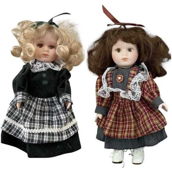 Vintage Porcelain Doll Lot Set of 2 Plaid Dresses Collector Decor