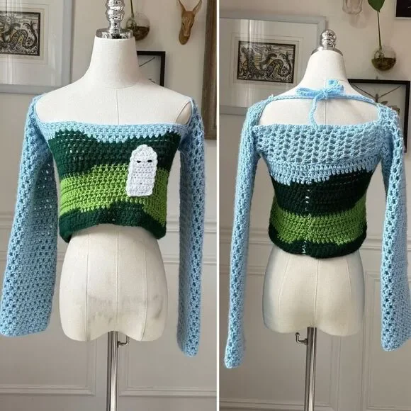 Handmade Crochet Crop Top Ghost Autumn Fall Halloween OOAK XS
