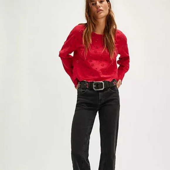 Free People Emma Eyelet Top Embroidered Red Button Drop Shoulder L