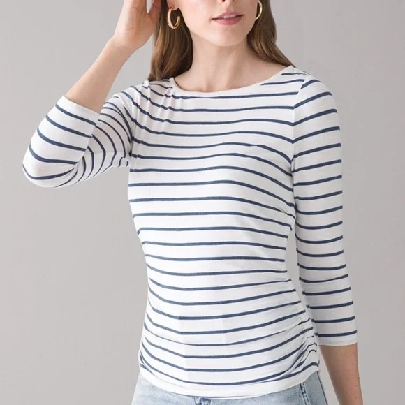 White House Black Market WHBM Ruched-Side 3/4 Sleeve Tee Stripped XS