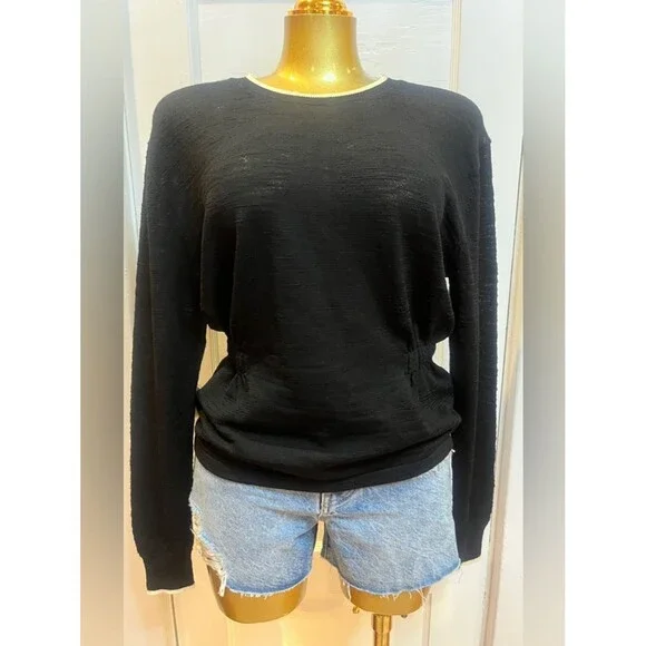 Veronica Beard Charlene Merino Wool Pullover Top Black Ivory Trim Size S