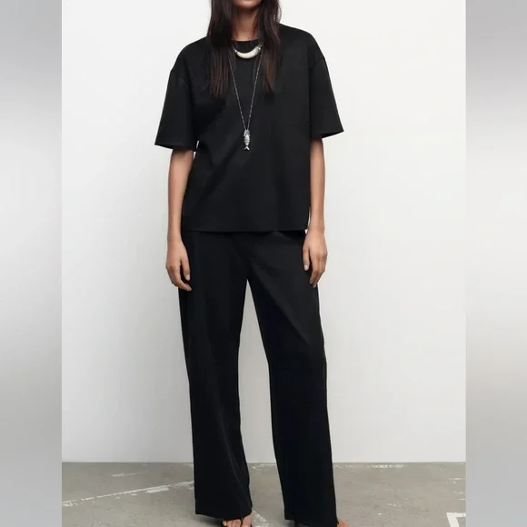 Zara NWT 2 piece matching SET black faux suede tee shirt & wide leg pants