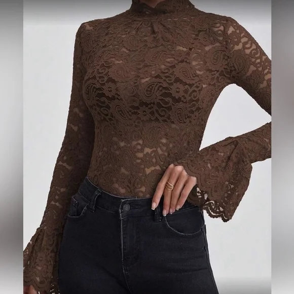 Brown Lace Long Sleeve Top