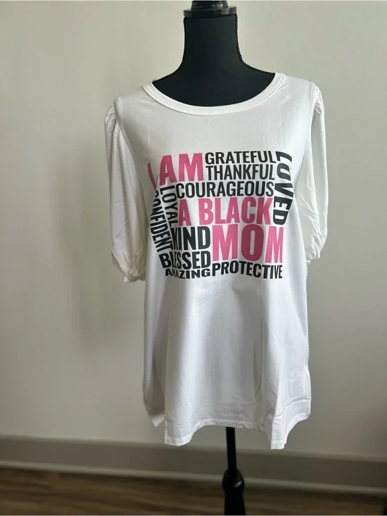 I AM A BLACK MOM White Graphic Puff-Sleeve Tee with Pink & Black Text