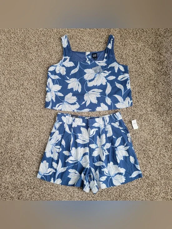 Gap Matching Set Tank Top Shirt Shorts 365 Linen Blue White Floral Small NWT
