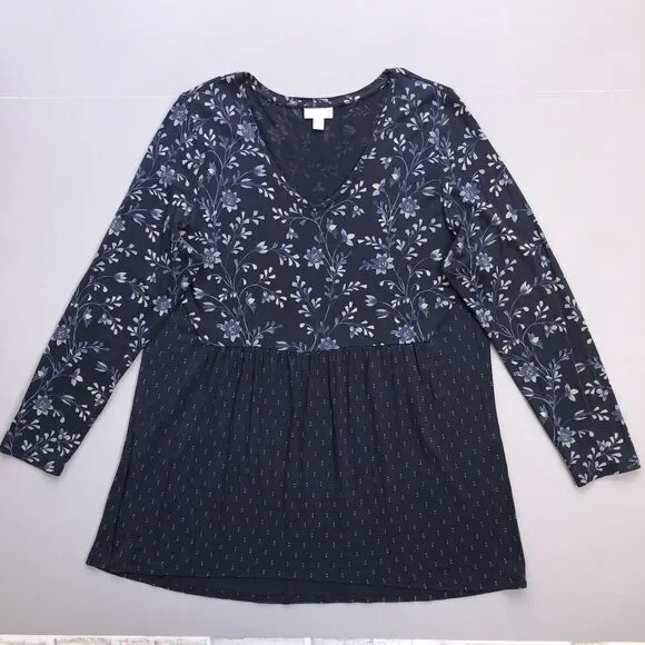 J. Jill Women Large Blue Floral Baby Doll Peplum Tunic Top Cottagecore Flowy