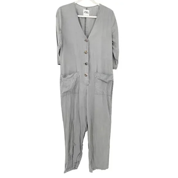 Zara Womens Boho Beachy Lillian 3/4 Sleeve Straight Leg 100% Jumpsuit Small Gray