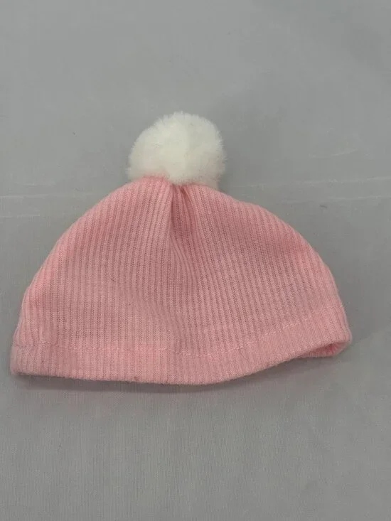 Our Generation Ribbed Knit Pink Baby Beanie Hat White Furry Pom Pom
